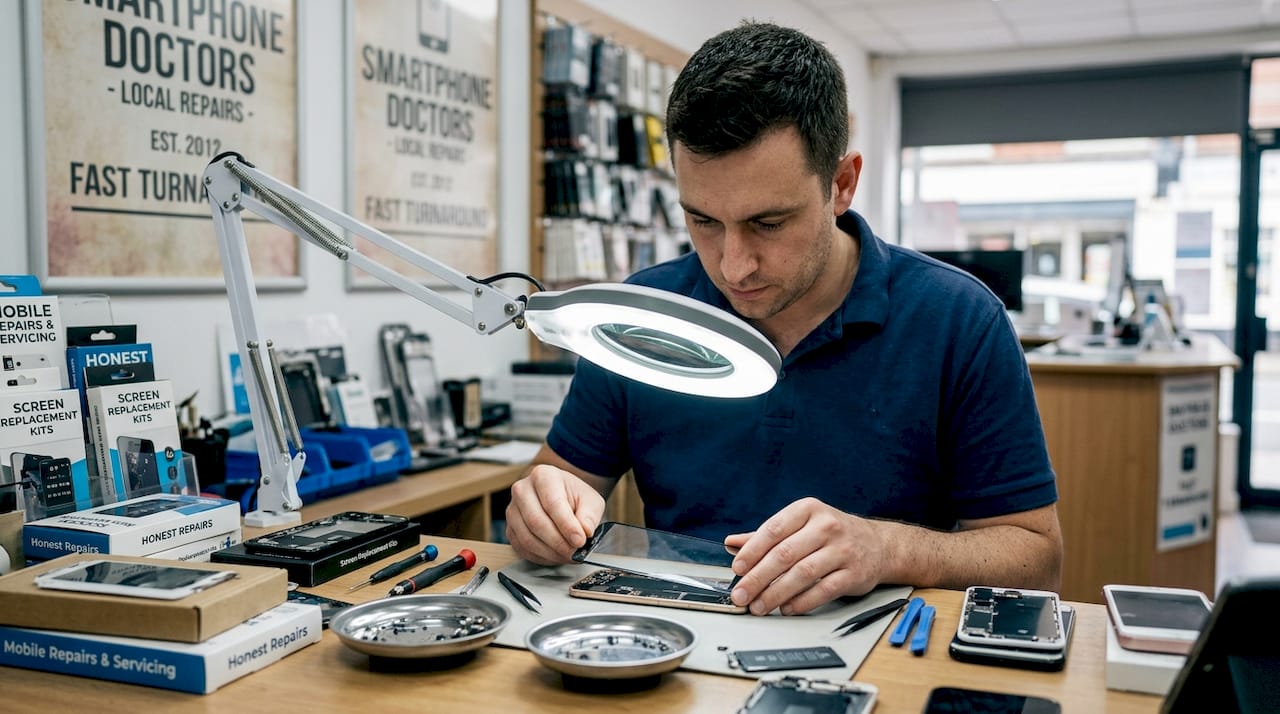 Technician repairing smartphone at workbench