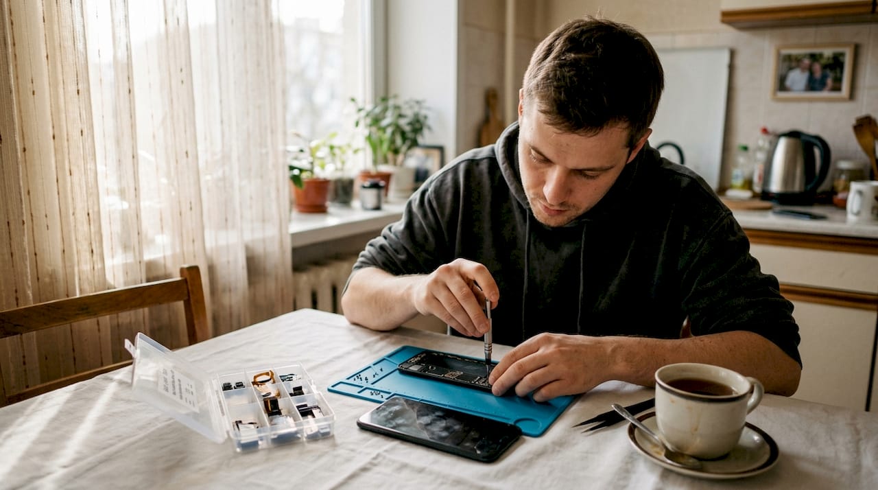 Man replacing phone screen at home table