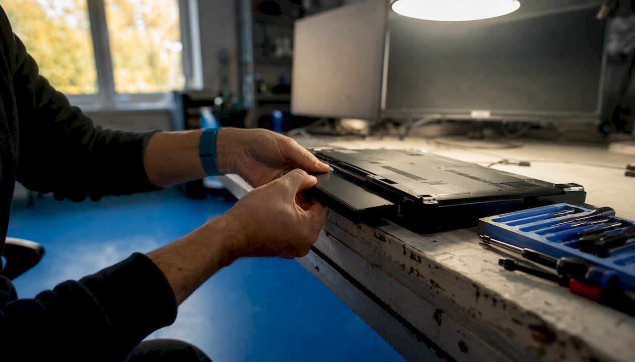 Hands removing laptop battery at repair workbench