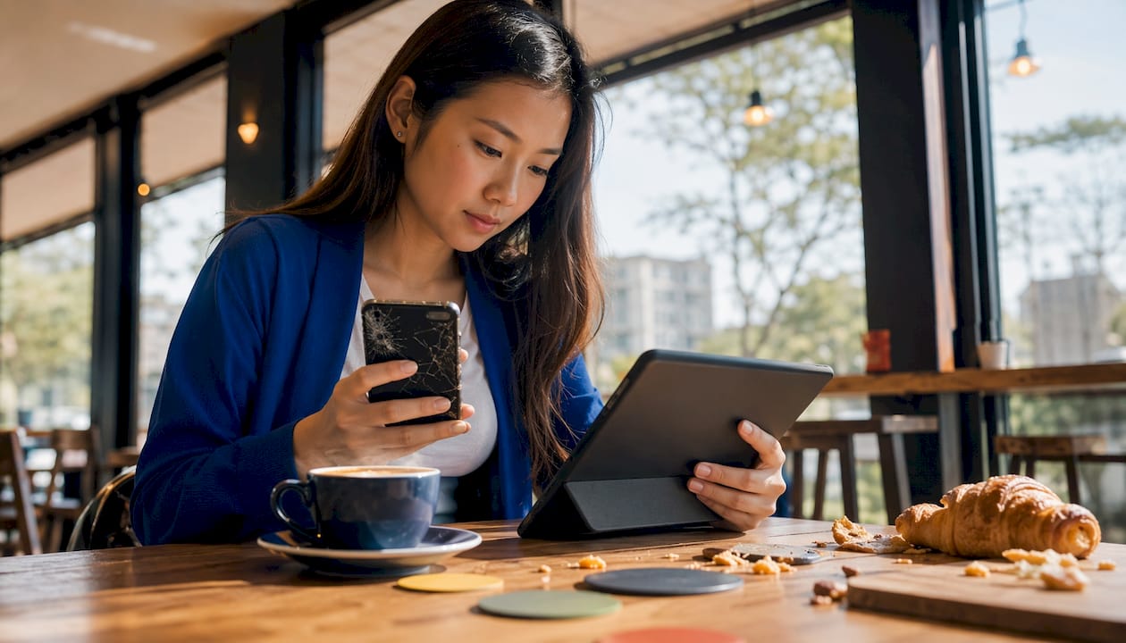 1784947414958_Woman-comparing-iPhone-repair-options-at-home Woman comparing iPhone repair options at home