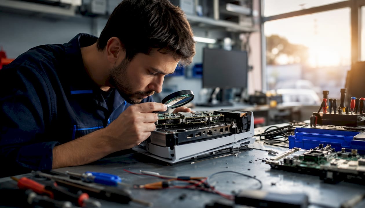 Technician examining PS5 HDMI port at workbench
